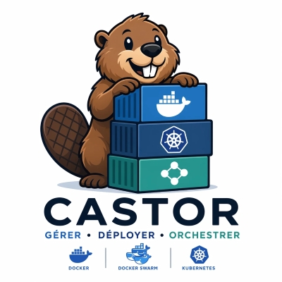 Castor logo — the beaver stacking Docker, Kubernetes and Docker Swarm containers, with the tagline Gérer · Déployer · Orchestrer